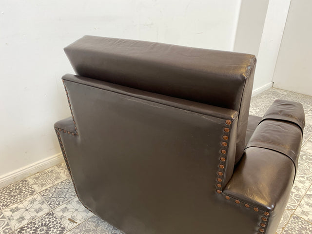 WMK # Hochwertiger und sehr gut erhaltener Mid-Century Sessel mit gestepptem braunem Echtlederbezug # Clubsessel Ledersessel Stuhl Sitzgarnitur Sitzgruppe Sofa Leder Vintage Retro