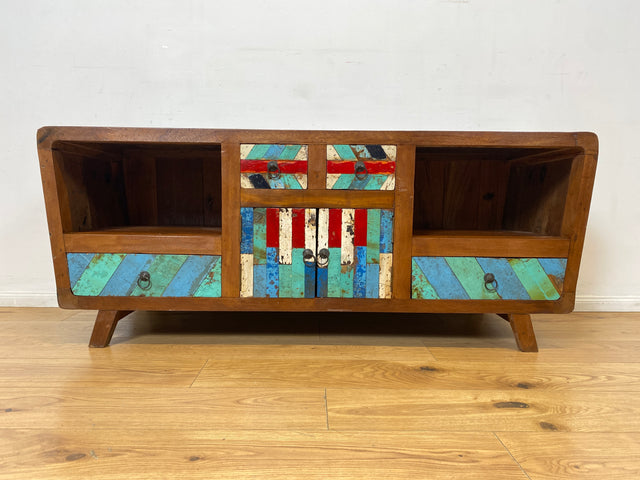 Boatwood by WMK I Formschönes nachhaltiges TV Lowboard mit Schubladen I handgefertigtes Unikat aus altem Bootsholz I Teakholz massiv I Kommode Sideboard Bank Rack Fernsehkommode Berlin Rostock Bayern