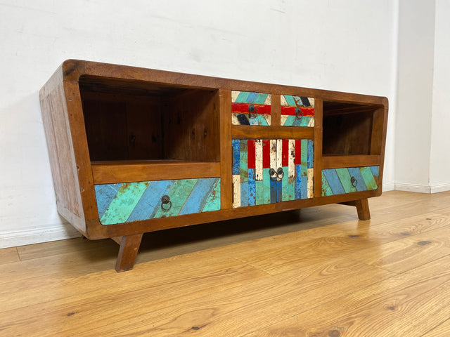 Boatwood by WMK I Formschönes nachhaltiges TV Lowboard mit Schubladen I handgefertigtes Unikat aus altem Bootsholz I Teakholz massiv I Kommode Sideboard Bank Rack Fernsehkommode Berlin Rostock Bayern