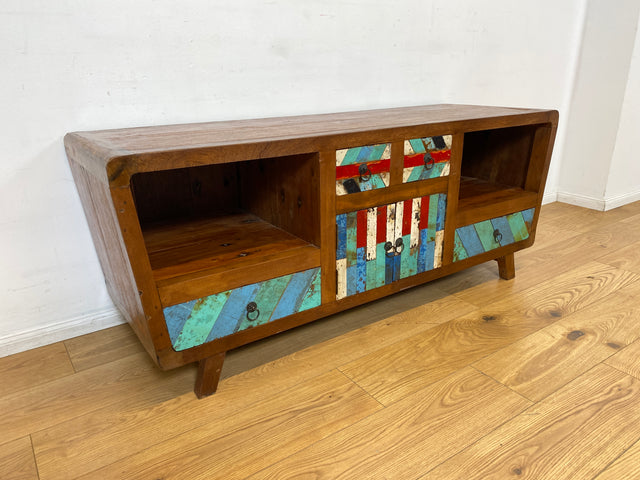 Boatwood by WMK I Formschönes nachhaltiges TV Lowboard mit Schubladen I handgefertigtes Unikat aus altem Bootsholz I Teakholz massiv I Kommode Sideboard Bank Rack Fernsehkommode Berlin Rostock Bayern