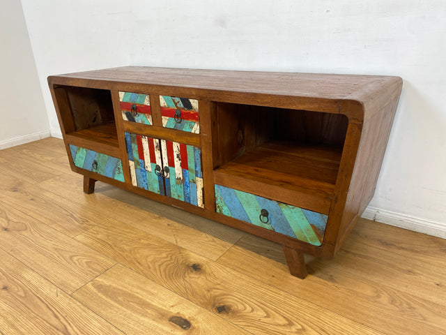 Boatwood by WMK I Formschönes nachhaltiges TV Lowboard mit Schubladen I handgefertigtes Unikat aus altem Bootsholz I Teakholz massiv I Kommode Sideboard Bank Rack Fernsehkommode Berlin Rostock Bayern