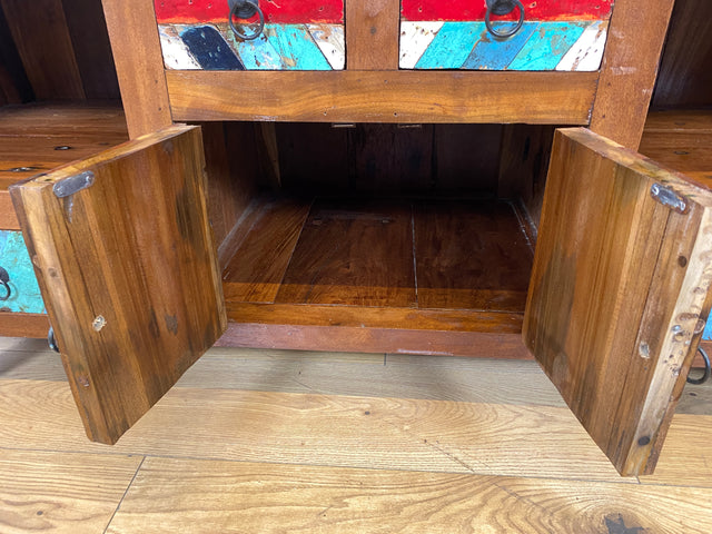 Boatwood by WMK I Formschönes nachhaltiges TV Lowboard mit Schubladen I handgefertigtes Unikat aus altem Bootsholz I Teakholz massiv I Kommode Sideboard Bank Rack Fernsehkommode Berlin Rostock Bayern