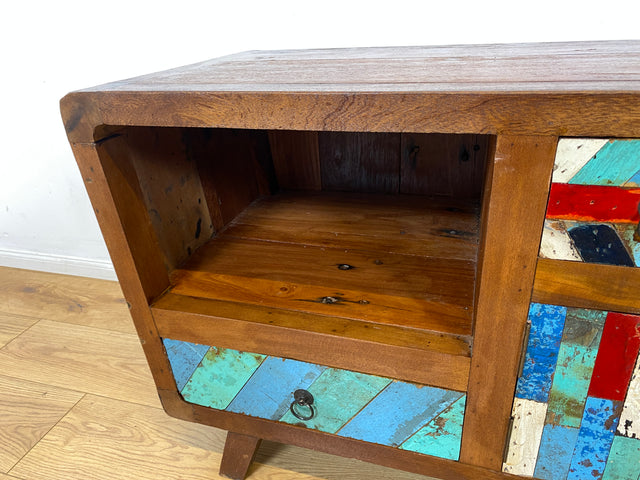 Boatwood by WMK I Formschönes nachhaltiges TV Lowboard mit Schubladen I handgefertigtes Unikat aus altem Bootsholz I Teakholz massiv I Kommode Sideboard Bank Rack Fernsehkommode Berlin Rostock Bayern