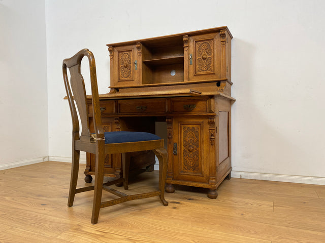 WMK Imposanter antiker Aufsatzschreibtisch aus massiver Eiche mit ausziehbarer, lederbezogener Schreibplatte & schönen Holzapplikationen # Schreibtisch Arbeitstisch Desk Sekretär Gründerzeit Vintage