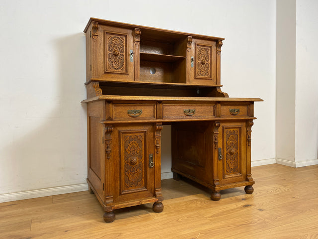 WMK Imposanter antiker Aufsatzschreibtisch aus massiver Eiche mit ausziehbarer, lederbezogener Schreibplatte & schönen Holzapplikationen # Schreibtisch Arbeitstisch Desk Sekretär Gründerzeit Vintage