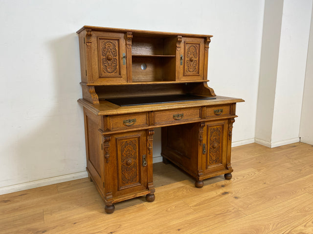 WMK Imposanter antiker Aufsatzschreibtisch aus massiver Eiche mit ausziehbarer, lederbezogener Schreibplatte & schönen Holzapplikationen # Schreibtisch Arbeitstisch Desk Sekretär Gründerzeit Vintage