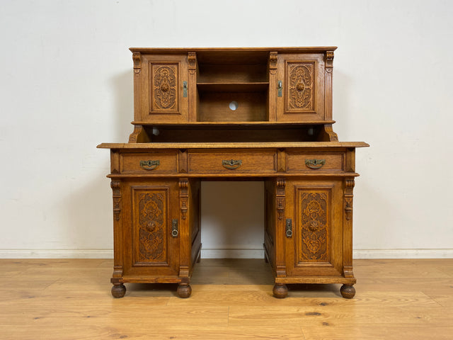 WMK Imposanter antiker Aufsatzschreibtisch aus massiver Eiche mit ausziehbarer, lederbezogener Schreibplatte & schönen Holzapplikationen # Schreibtisch Arbeitstisch Desk Sekretär Gründerzeit Vintage