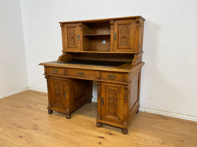WMK Imposanter antiker Aufsatzschreibtisch aus massiver Eiche mit ausziehbarer, lederbezogener Schreibplatte & schönen Holzapplikationen # Schreibtisch Arbeitstisch Desk Sekretär Gründerzeit Vintage
