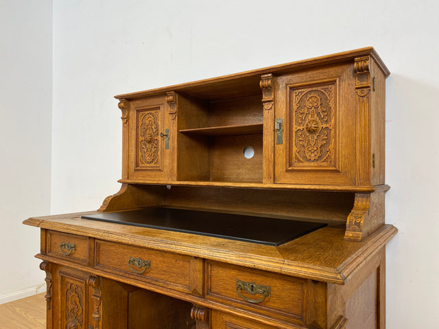 WMK Imposanter antiker Aufsatzschreibtisch aus massiver Eiche mit ausziehbarer, lederbezogener Schreibplatte & schönen Holzapplikationen # Schreibtisch Arbeitstisch Desk Sekretär Gründerzeit Vintage