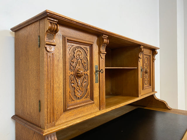 WMK Imposanter antiker Aufsatzschreibtisch aus massiver Eiche mit ausziehbarer, lederbezogener Schreibplatte & schönen Holzapplikationen # Schreibtisch Arbeitstisch Desk Sekretär Gründerzeit Vintage