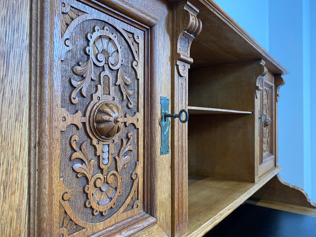 WMK Imposanter antiker Aufsatzschreibtisch aus massiver Eiche mit ausziehbarer, lederbezogener Schreibplatte & schönen Holzapplikationen # Schreibtisch Arbeitstisch Desk Sekretär Gründerzeit Vintage