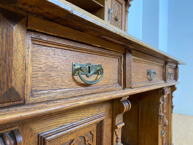 WMK Imposanter antiker Aufsatzschreibtisch aus massiver Eiche mit ausziehbarer, lederbezogener Schreibplatte & schönen Holzapplikationen # Schreibtisch Arbeitstisch Desk Sekretär Gründerzeit Vintage