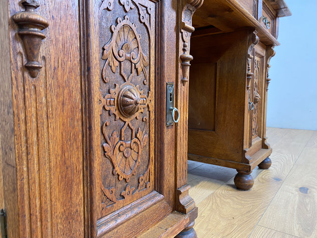 WMK Imposanter antiker Aufsatzschreibtisch aus massiver Eiche mit ausziehbarer, lederbezogener Schreibplatte & schönen Holzapplikationen # Schreibtisch Arbeitstisch Desk Sekretär Gründerzeit Vintage