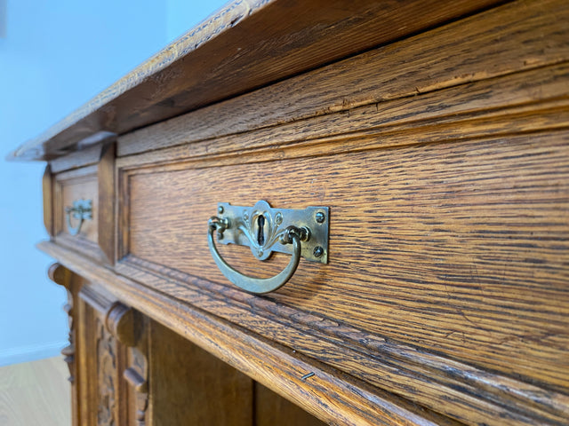 WMK Imposanter antiker Aufsatzschreibtisch aus massiver Eiche mit ausziehbarer, lederbezogener Schreibplatte & schönen Holzapplikationen # Schreibtisch Arbeitstisch Desk Sekretär Gründerzeit Vintage
