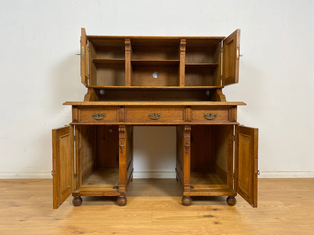 WMK Imposanter antiker Aufsatzschreibtisch aus massiver Eiche mit ausziehbarer, lederbezogener Schreibplatte & schönen Holzapplikationen # Schreibtisch Arbeitstisch Desk Sekretär Gründerzeit Vintage