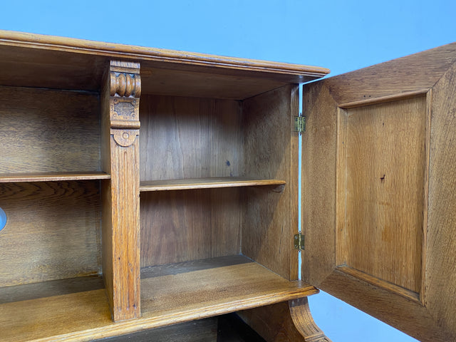 WMK Imposanter antiker Aufsatzschreibtisch aus massiver Eiche mit ausziehbarer, lederbezogener Schreibplatte & schönen Holzapplikationen # Schreibtisch Arbeitstisch Desk Sekretär Gründerzeit Vintage