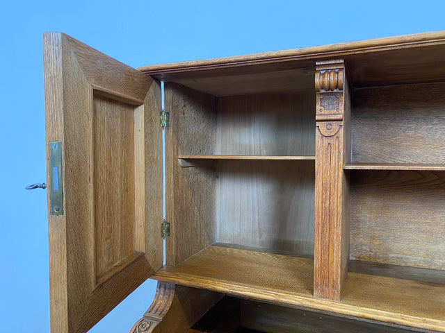 WMK Imposanter antiker Aufsatzschreibtisch aus massiver Eiche mit ausziehbarer, lederbezogener Schreibplatte & schönen Holzapplikationen # Schreibtisch Arbeitstisch Desk Sekretär Gründerzeit Vintage