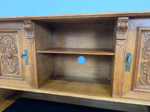 WMK Imposanter antiker Aufsatzschreibtisch aus massiver Eiche mit ausziehbarer, lederbezogener Schreibplatte & schönen Holzapplikationen # Schreibtisch Arbeitstisch Desk Sekretär Gründerzeit Vintage