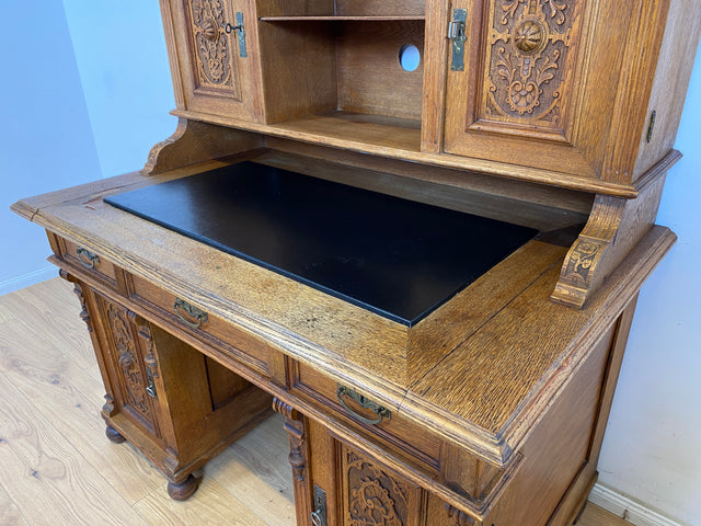 WMK Imposanter antiker Aufsatzschreibtisch aus massiver Eiche mit ausziehbarer, lederbezogener Schreibplatte & schönen Holzapplikationen # Schreibtisch Arbeitstisch Desk Sekretär Gründerzeit Vintage
