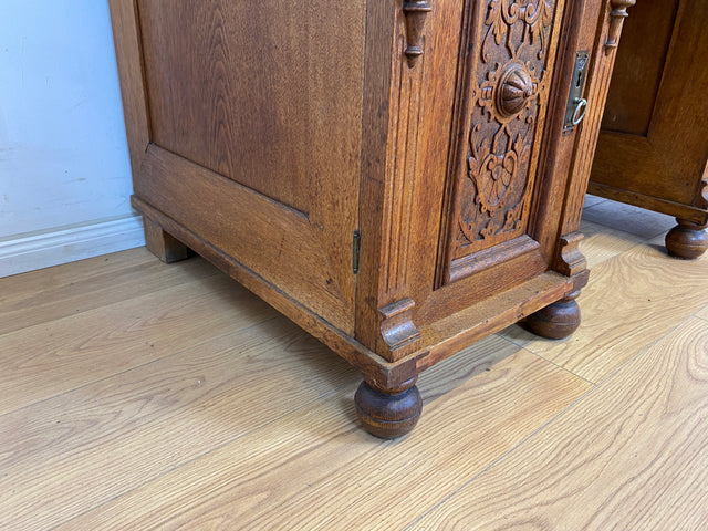 WMK Imposanter antiker Aufsatzschreibtisch aus massiver Eiche mit ausziehbarer, lederbezogener Schreibplatte & schönen Holzapplikationen # Schreibtisch Arbeitstisch Desk Sekretär Gründerzeit Vintage