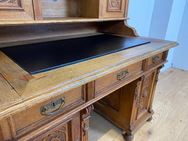WMK Imposanter antiker Aufsatzschreibtisch aus massiver Eiche mit ausziehbarer, lederbezogener Schreibplatte & schönen Holzapplikationen # Schreibtisch Arbeitstisch Desk Sekretär Gründerzeit Vintage