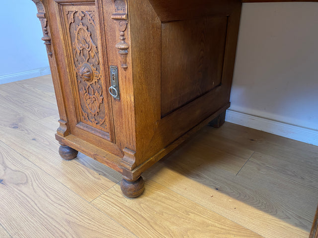 WMK Imposanter antiker Aufsatzschreibtisch aus massiver Eiche mit ausziehbarer, lederbezogener Schreibplatte & schönen Holzapplikationen # Schreibtisch Arbeitstisch Desk Sekretär Gründerzeit Vintage