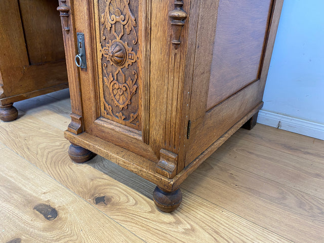 WMK Imposanter antiker Aufsatzschreibtisch aus massiver Eiche mit ausziehbarer, lederbezogener Schreibplatte & schönen Holzapplikationen # Schreibtisch Arbeitstisch Desk Sekretär Gründerzeit Vintage