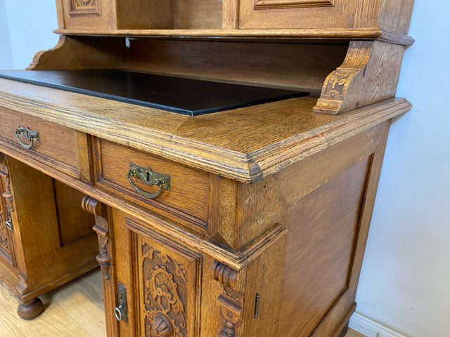 WMK Imposanter antiker Aufsatzschreibtisch aus massiver Eiche mit ausziehbarer, lederbezogener Schreibplatte & schönen Holzapplikationen # Schreibtisch Arbeitstisch Desk Sekretär Gründerzeit Vintage