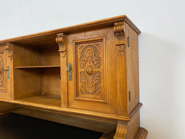 WMK Imposanter antiker Aufsatzschreibtisch aus massiver Eiche mit ausziehbarer, lederbezogener Schreibplatte & schönen Holzapplikationen # Schreibtisch Arbeitstisch Desk Sekretär Gründerzeit Vintage