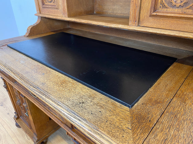 WMK Imposanter antiker Aufsatzschreibtisch aus massiver Eiche mit ausziehbarer, lederbezogener Schreibplatte & schönen Holzapplikationen # Schreibtisch Arbeitstisch Desk Sekretär Gründerzeit Vintage