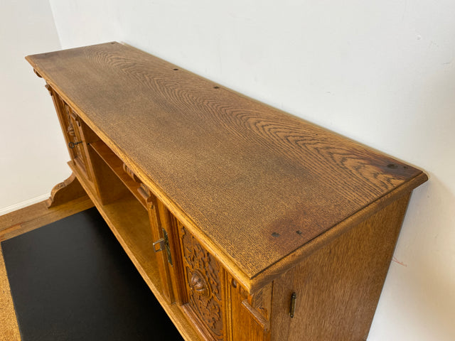 WMK Imposanter antiker Aufsatzschreibtisch aus massiver Eiche mit ausziehbarer, lederbezogener Schreibplatte & schönen Holzapplikationen # Schreibtisch Arbeitstisch Desk Sekretär Gründerzeit Vintage