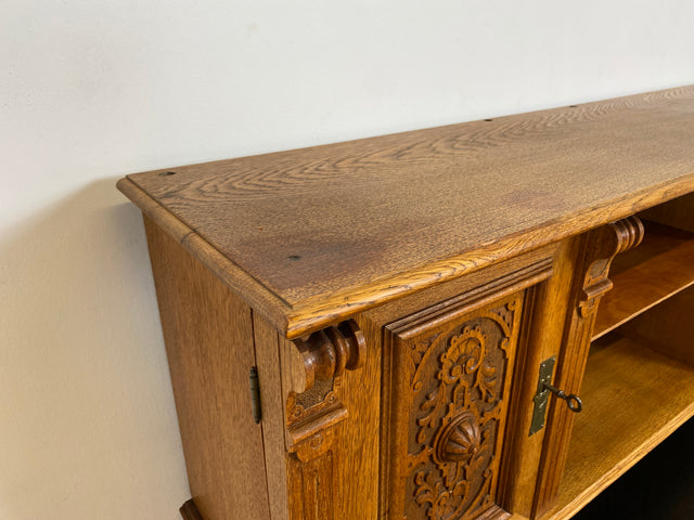 WMK Imposanter antiker Aufsatzschreibtisch aus massiver Eiche mit ausziehbarer, lederbezogener Schreibplatte & schönen Holzapplikationen # Schreibtisch Arbeitstisch Desk Sekretär Gründerzeit Vintage