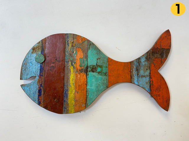 Boatwood by WMK # 1/5 Großer nachhaltiger Südseefisch (ca. 105x53cm) aus altem Bootsholz, ein handgefertigtes Unikat aus massivem Teakholz # Fisch Wanddekoration Gemälde Bild Dekoration Holzbild Kunst