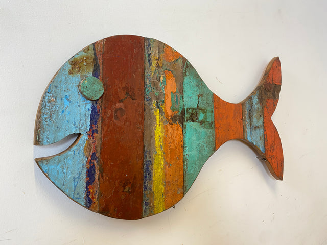 Boatwood by WMK # 1/5 Großer nachhaltiger Südseefisch (ca. 105x53cm) aus altem Bootsholz, ein handgefertigtes Unikat aus massivem Teakholz # Fisch Wanddekoration Gemälde Bild Dekoration Holzbild Kunst