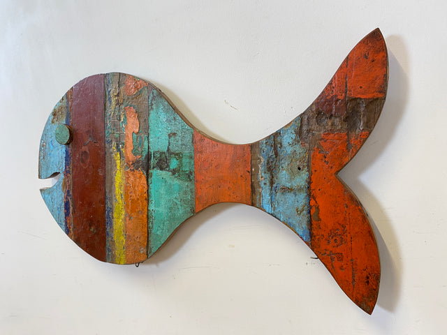 Boatwood by WMK # 1/5 Großer nachhaltiger Südseefisch (ca. 105x53cm) aus altem Bootsholz, ein handgefertigtes Unikat aus massivem Teakholz # Fisch Wanddekoration Gemälde Bild Dekoration Holzbild Kunst
