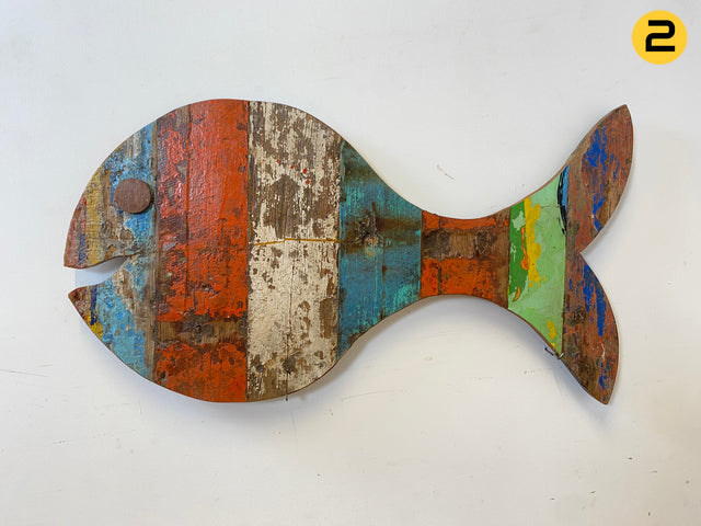 Boatwood by WMK # 1/5 Großer nachhaltiger Südseefisch (ca. 105x53cm) aus altem Bootsholz, ein handgefertigtes Unikat aus massivem Teakholz # Fisch Wanddekoration Gemälde Bild Dekoration Holzbild Kunst