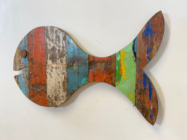 Boatwood by WMK # 1/5 Großer nachhaltiger Südseefisch (ca. 105x53cm) aus altem Bootsholz, ein handgefertigtes Unikat aus massivem Teakholz # Fisch Wanddekoration Gemälde Bild Dekoration Holzbild Kunst