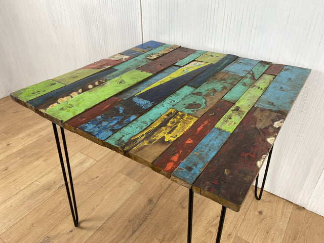 Boatwood by WMK # Einzigartiger Esstisch mit Tischplatte aus altem Bootsholz und neuen Hairpin Füßen, ein Unikat aus massivem Teakholz und Metall # Tisch Küchentisch Gartenmöbel Balkonmöbel Upcycling