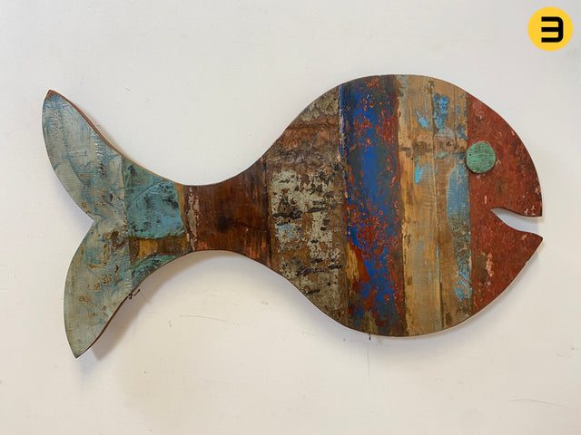 Boatwood by WMK # 1/5 Großer nachhaltiger Südseefisch (ca. 105x53cm) aus altem Bootsholz, ein handgefertigtes Unikat aus massivem Teakholz # Fisch Wanddekoration Gemälde Bild Dekoration Holzbild Kunst