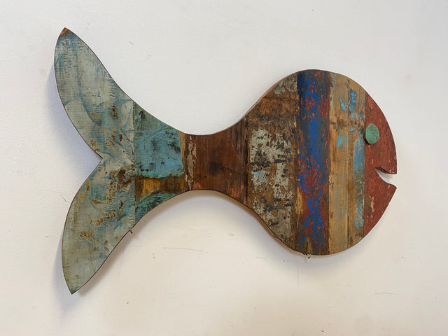 Boatwood by WMK # 1/5 Großer nachhaltiger Südseefisch (ca. 105x53cm) aus altem Bootsholz, ein handgefertigtes Unikat aus massivem Teakholz # Fisch Wanddekoration Gemälde Bild Dekoration Holzbild Kunst