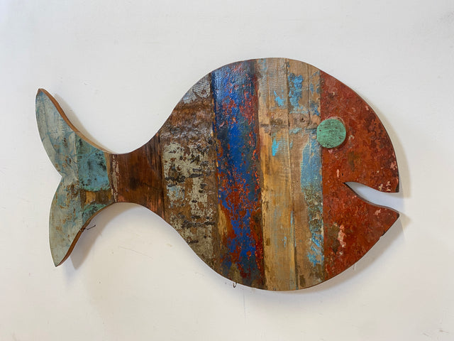 Boatwood by WMK # 1/5 Großer nachhaltiger Südseefisch (ca. 105x53cm) aus altem Bootsholz, ein handgefertigtes Unikat aus massivem Teakholz # Fisch Wanddekoration Gemälde Bild Dekoration Holzbild Kunst