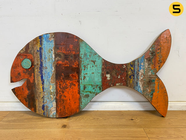 Boatwood by WMK # 1/5 Großer nachhaltiger Südseefisch (ca. 105x53cm) aus altem Bootsholz, ein handgefertigtes Unikat aus massivem Teakholz # Fisch Wanddekoration Gemälde Bild Dekoration Holzbild Kunst