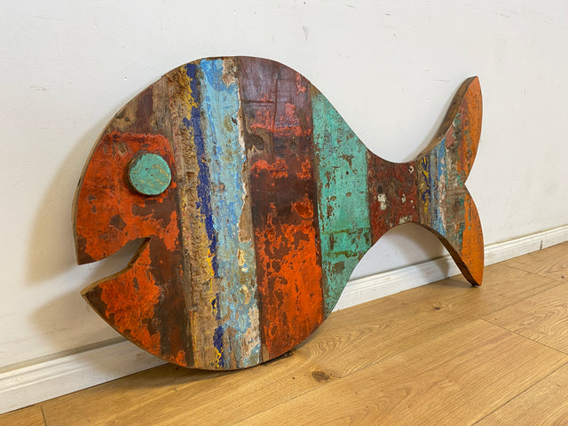 Boatwood by WMK # 1/5 Großer nachhaltiger Südseefisch (ca. 105x53cm) aus altem Bootsholz, ein handgefertigtes Unikat aus massivem Teakholz # Fisch Wanddekoration Gemälde Bild Dekoration Holzbild Kunst