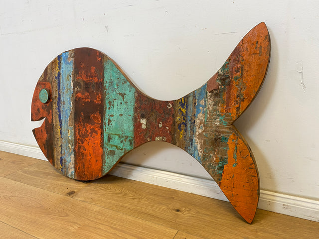 Boatwood by WMK # 1/5 Großer nachhaltiger Südseefisch (ca. 105x53cm) aus altem Bootsholz, ein handgefertigtes Unikat aus massivem Teakholz # Fisch Wanddekoration Gemälde Bild Dekoration Holzbild Kunst