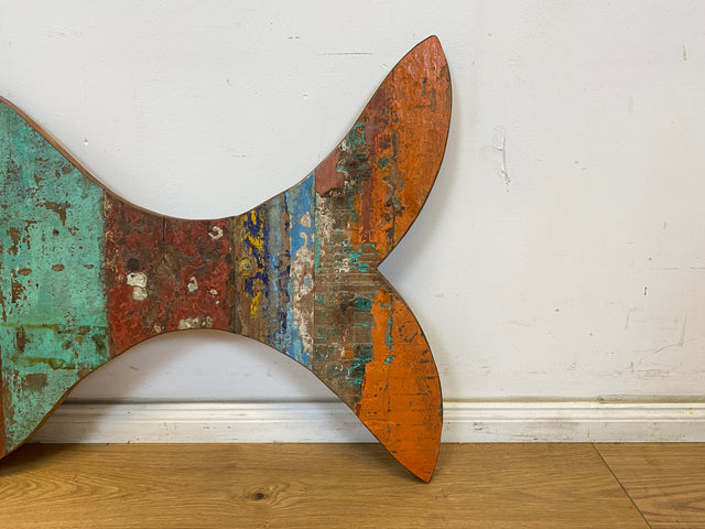 Boatwood by WMK # 1/5 Großer nachhaltiger Südseefisch (ca. 105x53cm) aus altem Bootsholz, ein handgefertigtes Unikat aus massivem Teakholz # Fisch Wanddekoration Gemälde Bild Dekoration Holzbild Kunst