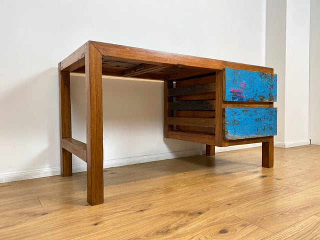 Boatwood by WMK # Einzigartiger Schreibtisch aus altem Bootsholz, ein handgefertigtes Unikat aus massivem Teakholz # blauer Arbeitstisch Sekretär Bürotisch Arbeitsplatz Computertisch Desk Bootsmöbel