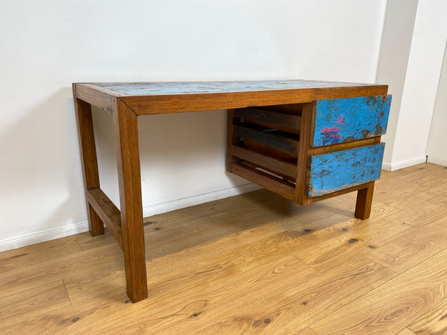 Boatwood by WMK # Einzigartiger Schreibtisch aus altem Bootsholz, ein handgefertigtes Unikat aus massivem Teakholz # blauer Arbeitstisch Sekretär Bürotisch Arbeitsplatz Computertisch Desk Bootsmöbel