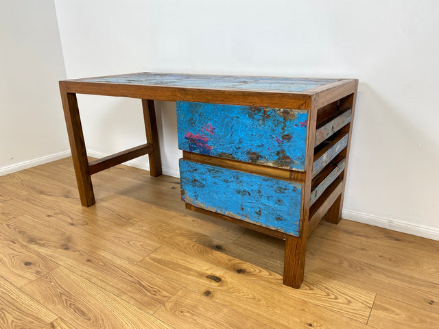 Boatwood by WMK # Einzigartiger Schreibtisch aus altem Bootsholz, ein handgefertigtes Unikat aus massivem Teakholz # blauer Arbeitstisch Sekretär Bürotisch Arbeitsplatz Computertisch Desk Bootsmöbel
