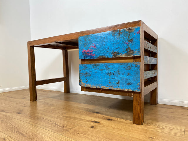 Boatwood by WMK # Einzigartiger Schreibtisch aus altem Bootsholz, ein handgefertigtes Unikat aus massivem Teakholz # blauer Arbeitstisch Sekretär Bürotisch Arbeitsplatz Computertisch Desk Bootsmöbel