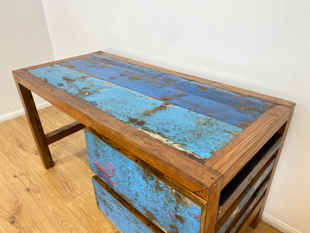 Boatwood by WMK # Einzigartiger Schreibtisch aus altem Bootsholz, ein handgefertigtes Unikat aus massivem Teakholz # blauer Arbeitstisch Sekretär Bürotisch Arbeitsplatz Computertisch Desk Bootsmöbel